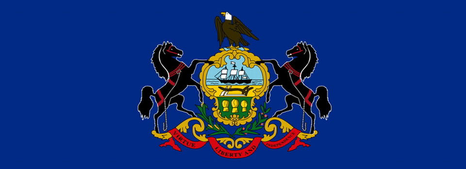 A blue background with two horses and the pennsylvania state flag.